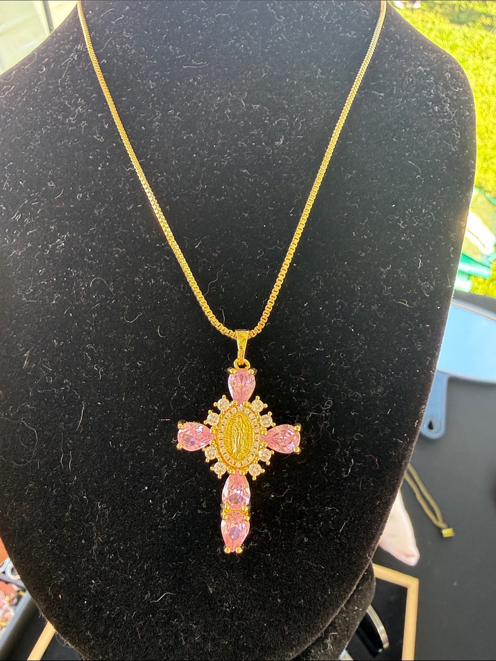 Gold-Tone Cross Pendant Necklace with Pink Stones